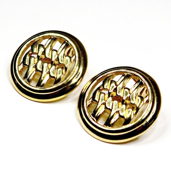 Monet Jewelry - 1980s Monet Clip-On Earrings Vintage Gold Tone Pierced Basket Weave 1" Round